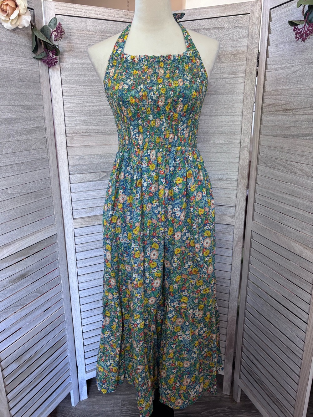 TROVATA of CA Birds of Paradis “Dolores” Multi-Ditzy Floral Halter MidiDress XS